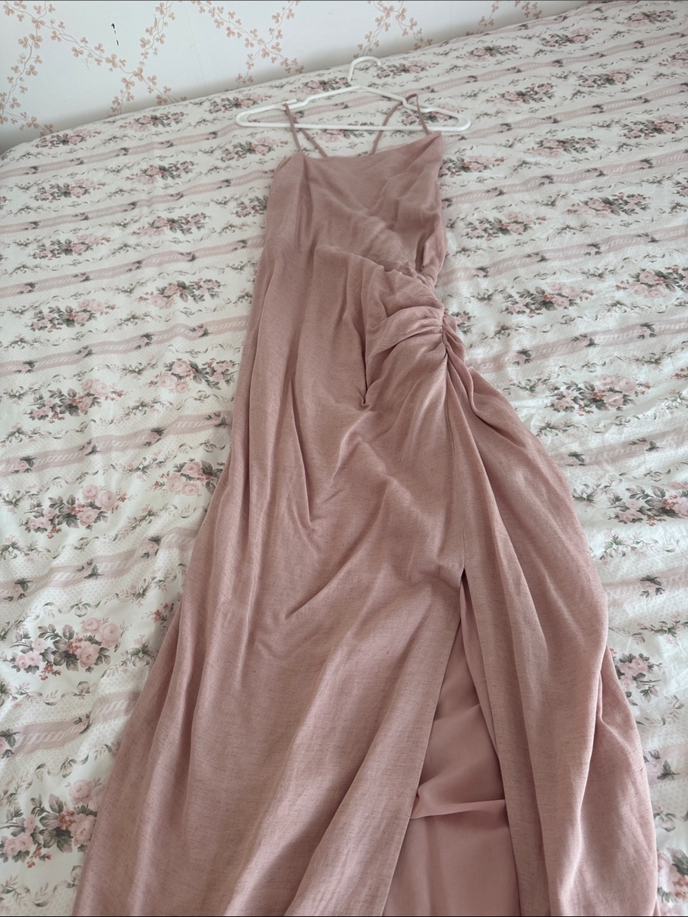 By Anthropologie Dusty Rose Assymetrical Dress with Side Ruching and Leg Slit